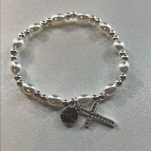 Silver and White Beaded Bracelet with Cross Charm